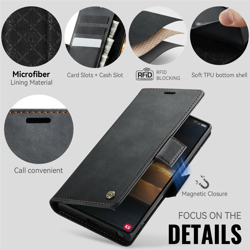 CASEME 033 Series For Samsung Galaxy Note10+ 5G  /  4G Case RFID Blocking Wallet Stand Calf Texture Leather Phone Cover - Black - 3