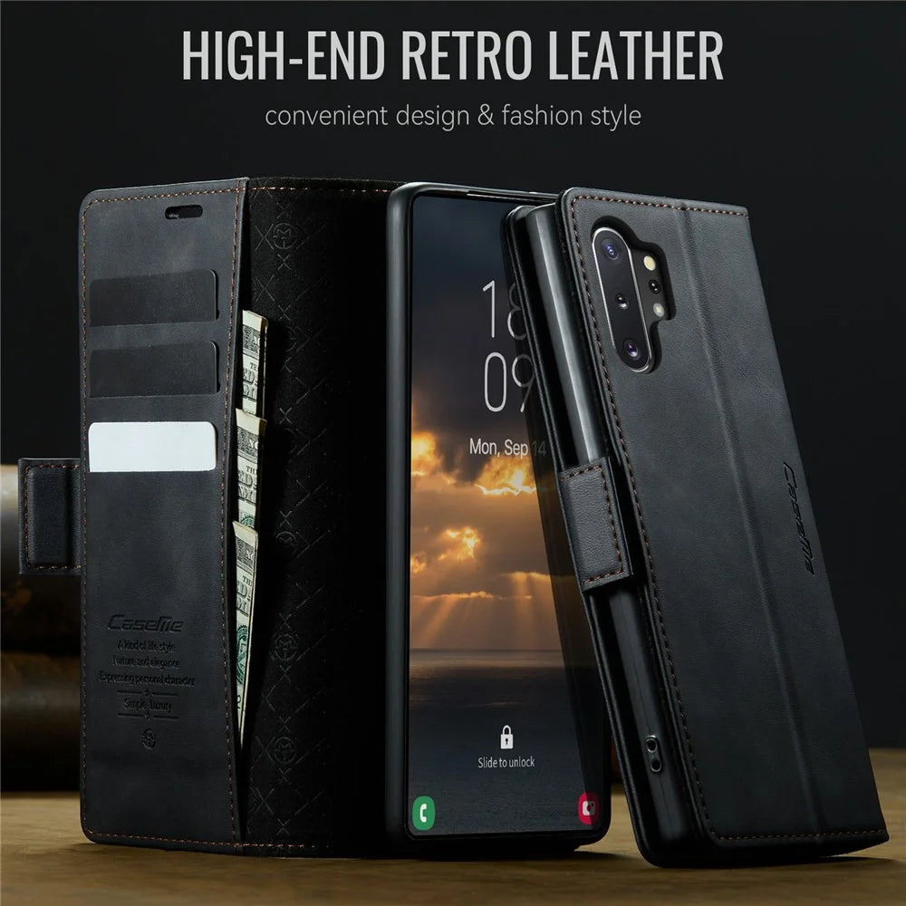 CASEME 033 Series For Samsung Galaxy Note10+ 5G  /  4G Case RFID Blocking Wallet Stand Calf Texture Leather Phone Cover - Black - 4