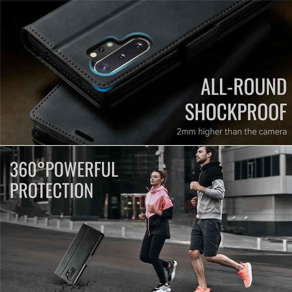 CASEME 033 Series For Samsung Galaxy Note10+ 5G  /  4G Case RFID Blocking Wallet Stand Calf Texture Leather Phone Cover - Black - 6
