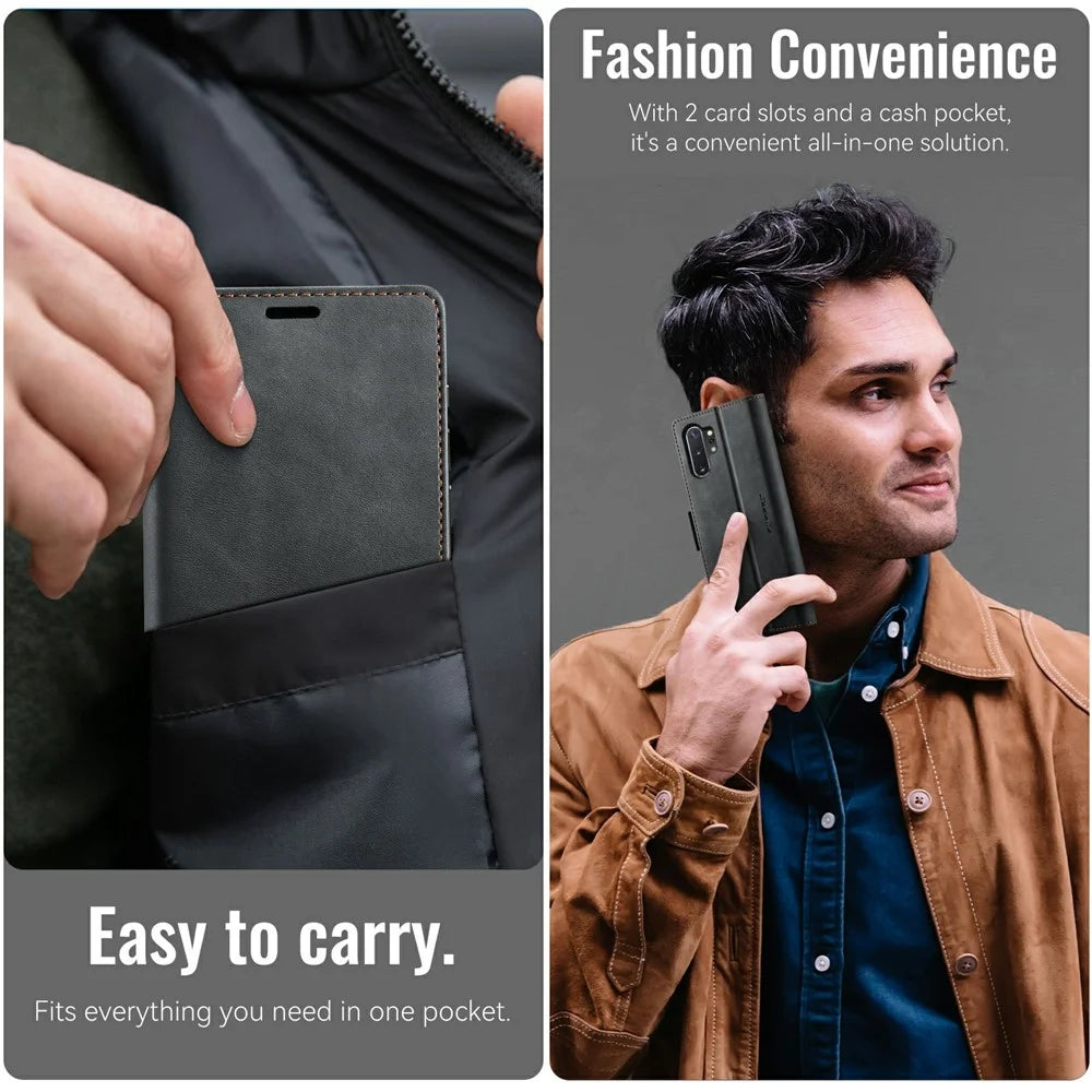 CASEME 033 Series For Samsung Galaxy Note10+ 5G  /  4G Case RFID Blocking Wallet Stand Calf Texture Leather Phone Cover - Black - 7