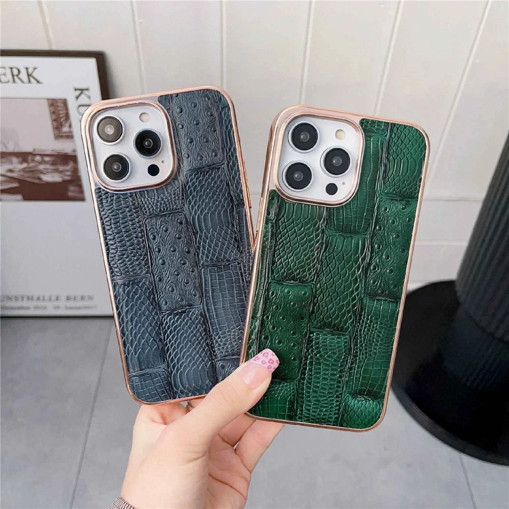For iPhone 14 Pro Nano Electroplating Mahjong Texture Cell Phone Back Cover Genuine Cowhide Leather+PC+TPU Anti-scratch Phone Case - Blue - 5