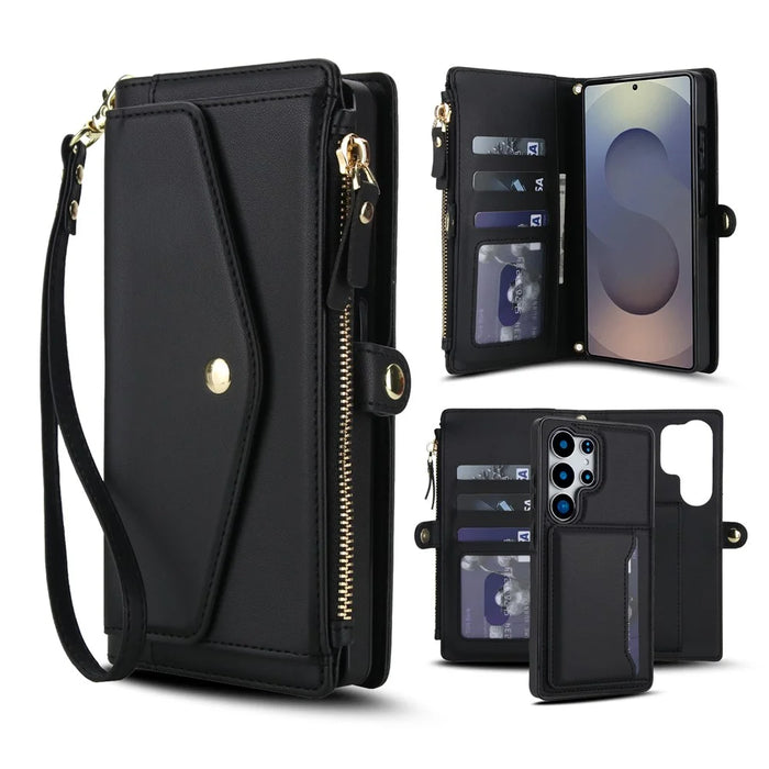 For Samsung Galaxy S25 Ultra Wallet Case Magnetic Detachable PU Leather Phone Cover with 2 Straps - Black - 1