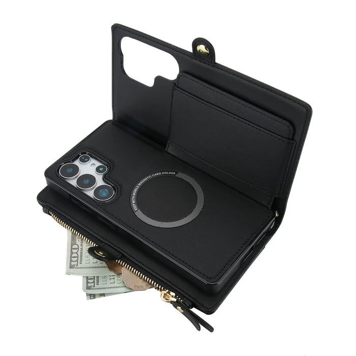 For Samsung Galaxy S25 Ultra Wallet Case Magnetic Detachable PU Leather Phone Cover with 2 Straps - Black - 5