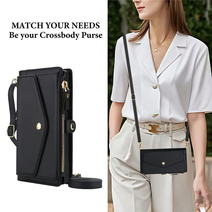 For Samsung Galaxy S25 Ultra Wallet Case Magnetic Detachable PU Leather Phone Cover with 2 Straps - Black - 6