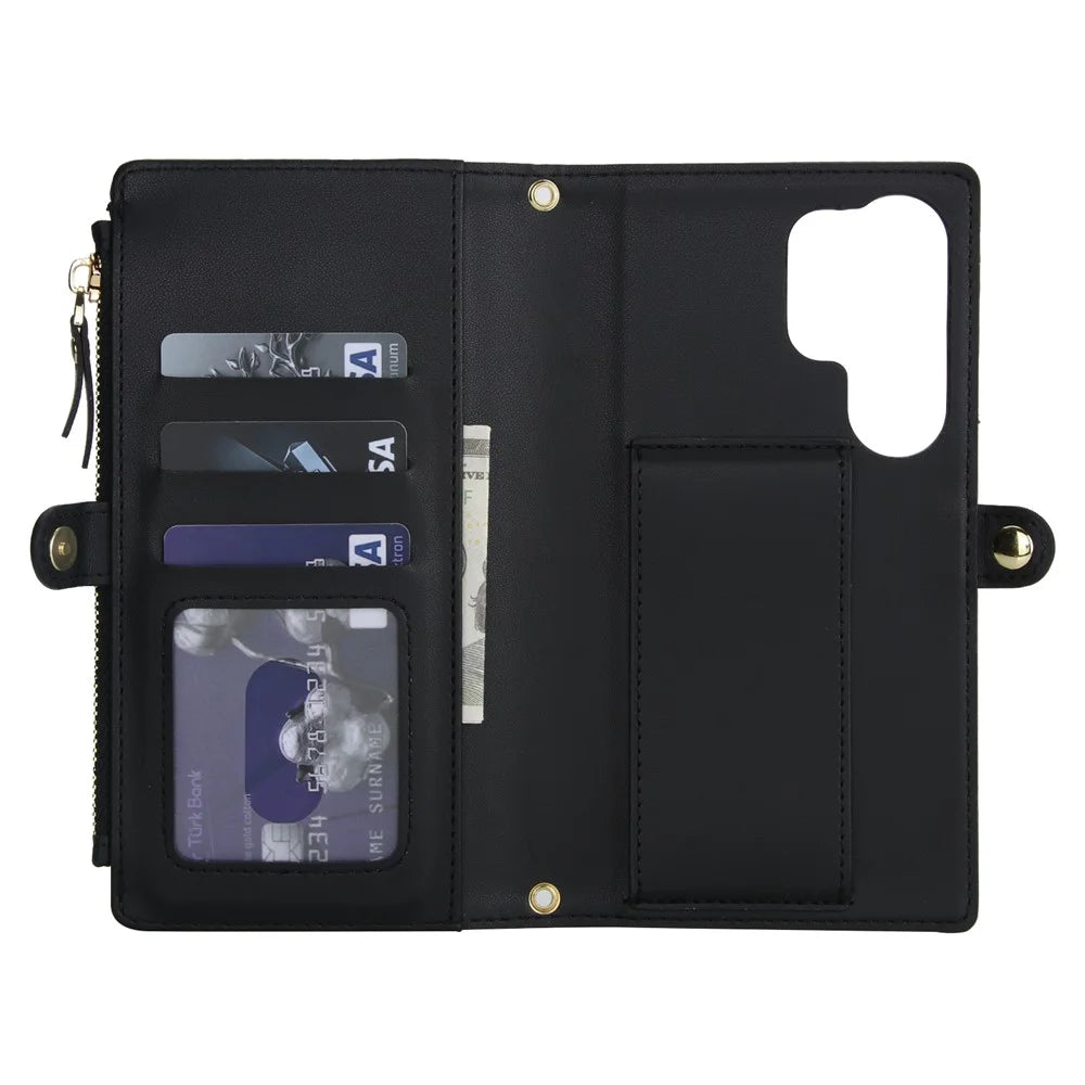 For Samsung Galaxy S24 Ultra Wallet Case Magnetic Detachable PU Leather Phone Cover with 2 Straps - Black - 3