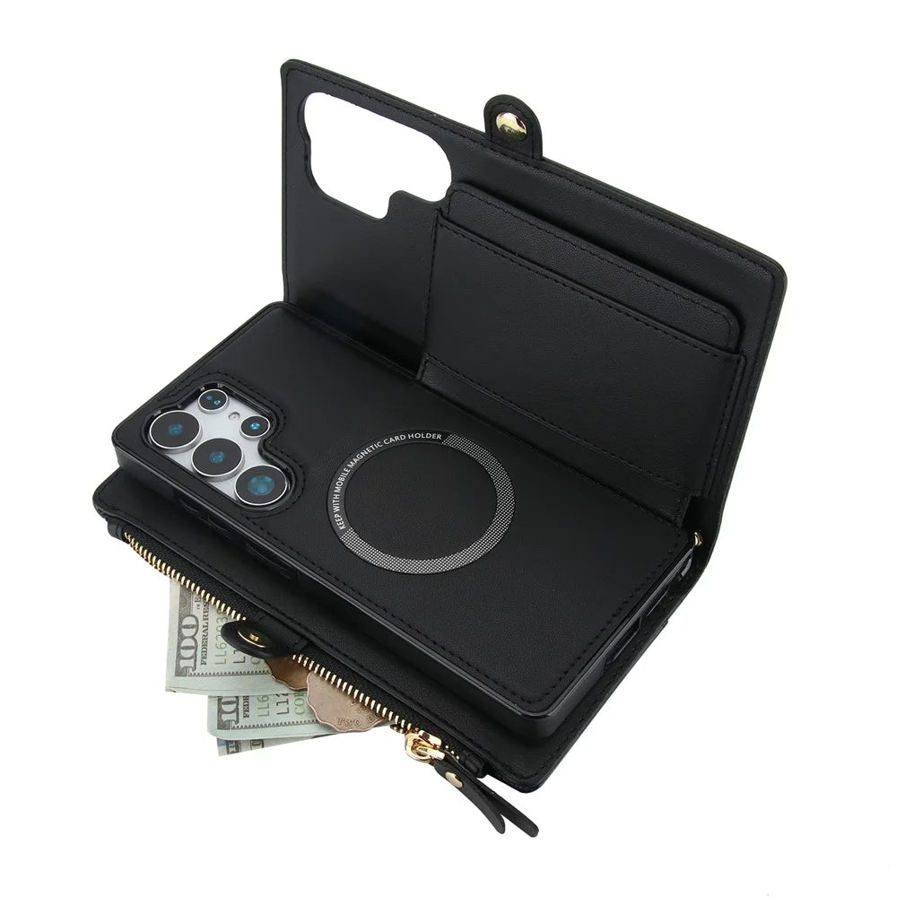 For Samsung Galaxy S24 Ultra Wallet Case Magnetic Detachable PU Leather Phone Cover with 2 Straps - Black - 5