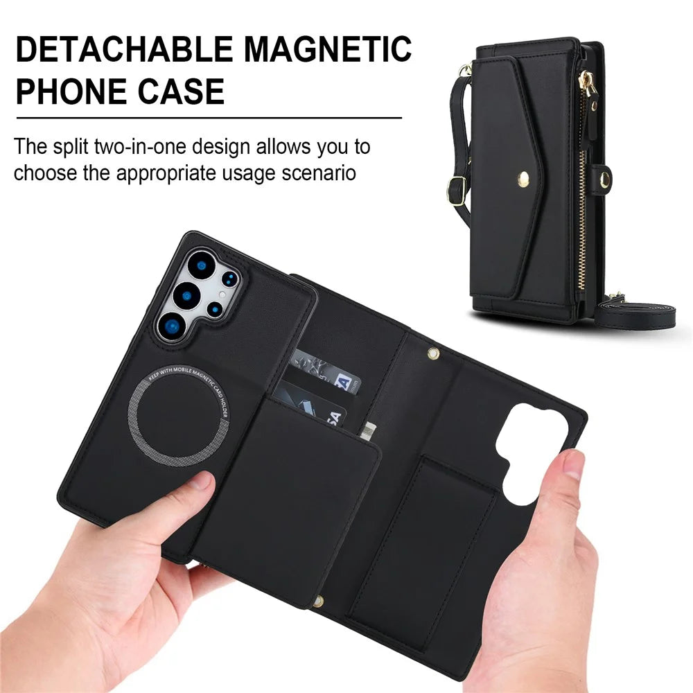 For Samsung Galaxy S24 Ultra Wallet Case Magnetic Detachable PU Leather Phone Cover with 2 Straps - Black - 7