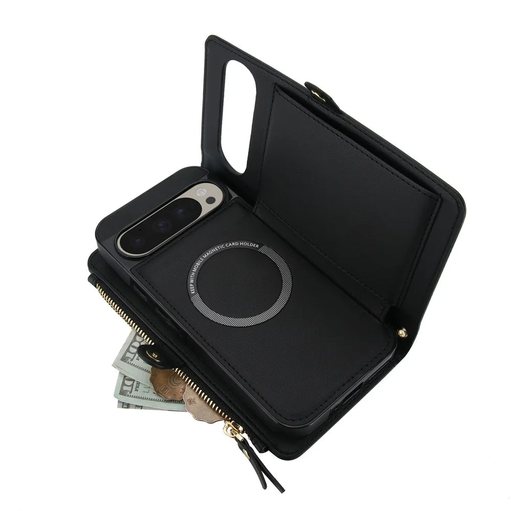 For Google Pixel 9 Pro  /  Pixel 9 Wallet Case Magnetic Detachable PU Leather Phone Cover with 2 Straps - Black - 5