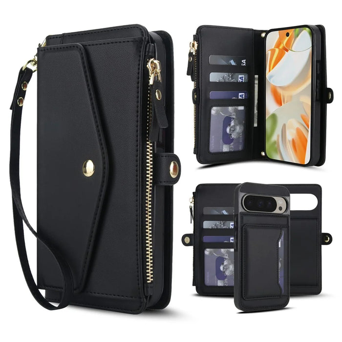 For Google Pixel 9 Pro XL Wallet Case Magnetic Detachable PU Leather Phone Cover with 2 Straps - Black - 1