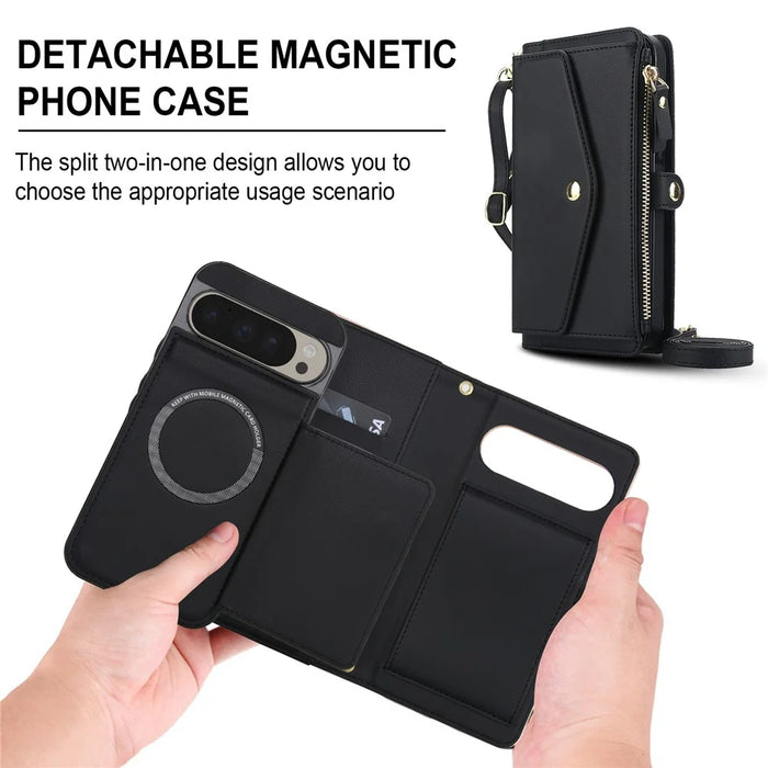 For Google Pixel 9 Pro XL Wallet Case Magnetic Detachable PU Leather Phone Cover with 2 Straps - Black - 7