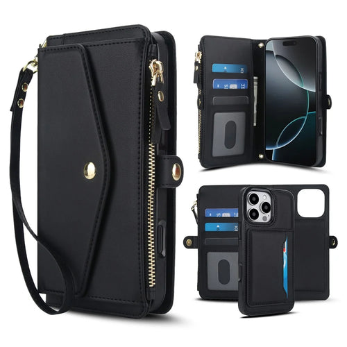 For iPhone 16 Pro Max Wallet Case Magnetic Detachable PU Leather Phone Cover with 2 Straps - Black - 1
