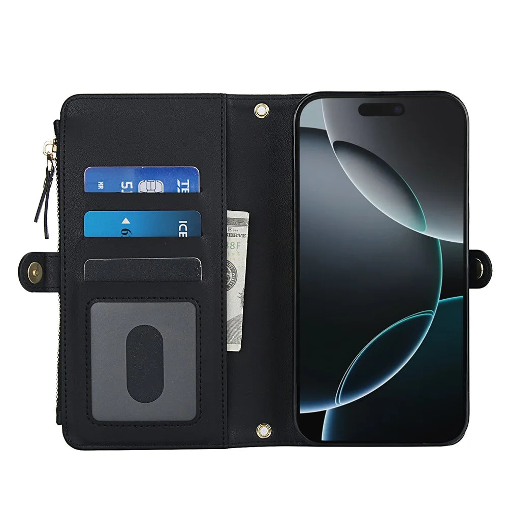 For iPhone 16 Pro Max Wallet Case Magnetic Detachable PU Leather Phone Cover with 2 Straps - Black - 2