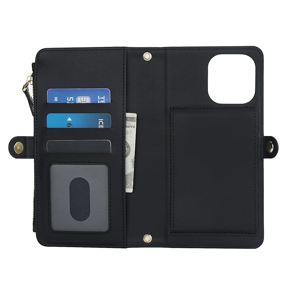 For iPhone 16 Pro Max Wallet Case Magnetic Detachable PU Leather Phone Cover with 2 Straps - Black - 3