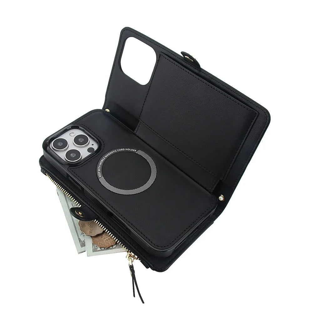 For iPhone 16 Pro Max Wallet Case Magnetic Detachable PU Leather Phone Cover with 2 Straps - Black - 5