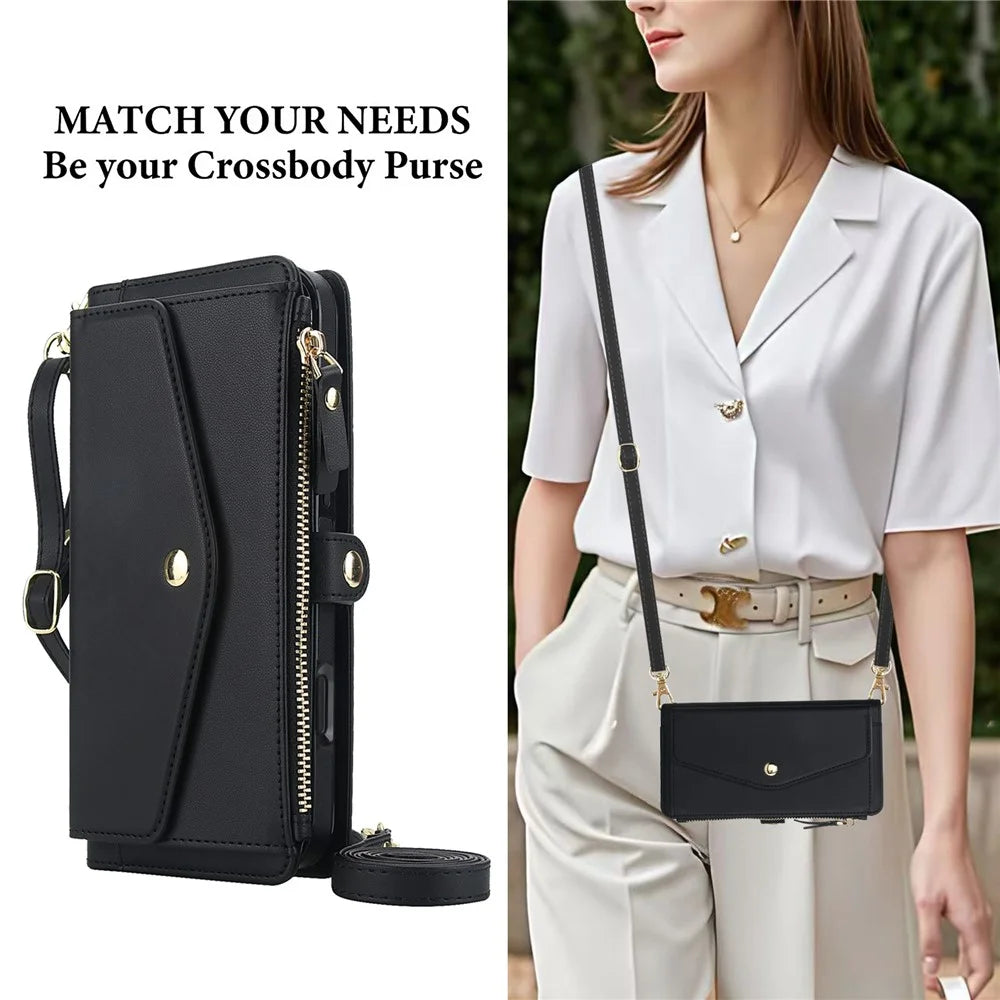 For iPhone 16 Pro Max Wallet Case Magnetic Detachable PU Leather Phone Cover with 2 Straps - Black - 6