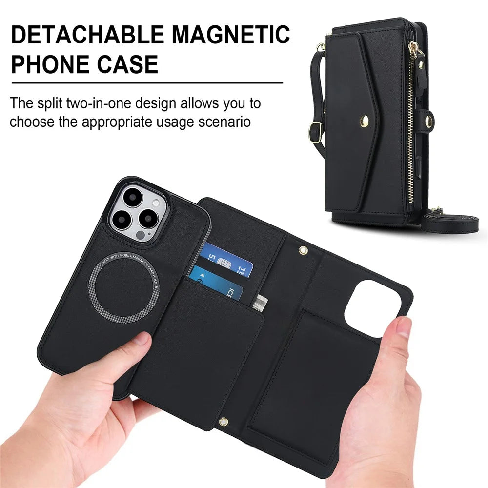 For iPhone 16 Pro Max Wallet Case Magnetic Detachable PU Leather Phone Cover with 2 Straps - Black - 7