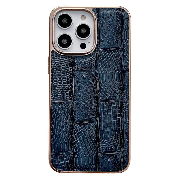 For iPhone 14 Pro Max Anti-dust Nano Electroplating Mahjong Texture Cell Phone Back Cover Genuine Cowhide Leather+PC+TPU Phone Case - Blue - 1