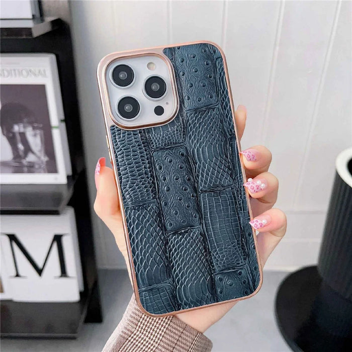 For iPhone 14 Pro Max Anti-dust Nano Electroplating Mahjong Texture Cell Phone Back Cover Genuine Cowhide Leather+PC+TPU Phone Case - Blue - 2