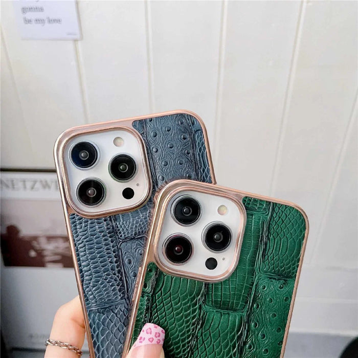 For iPhone 14 Pro Max Anti-dust Nano Electroplating Mahjong Texture Cell Phone Back Cover Genuine Cowhide Leather+PC+TPU Phone Case - Blue - 4