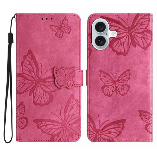 For iPhone 17 Case Butterfly Design Flip Wallet Leather Phone Cover Skin-Touch - Rose - 1