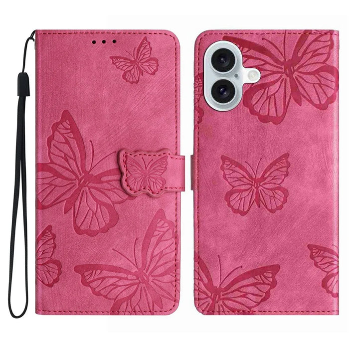 For iPhone 17 Case Butterfly Design Flip Wallet Leather Phone Cover Skin-Touch - Rose - 1