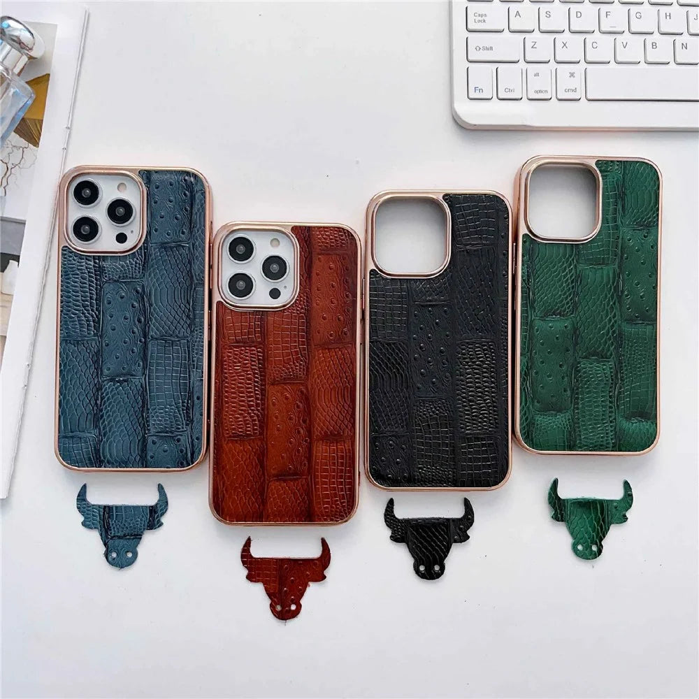 Genuine Cowhide Leather+PC+TPU Anti-scratch Phone Case for iPhone 13 Pro Max 6.7 inch Nano Electroplating Mahjong Texture Cell Phone Back Cover - Blue - 6