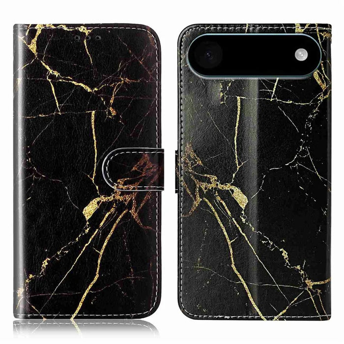 For iPhone Air Stand Case Marble Painted Folio Flip Leather Wallet Phone Cover - Black Gold Marble - 1
