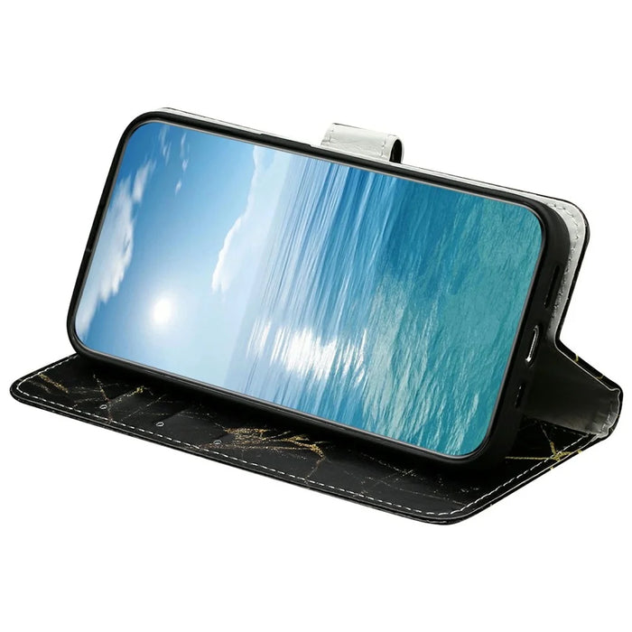 For iPhone Air Stand Case Marble Painted Folio Flip Leather Wallet Phone Cover - Black Gold Marble - 3