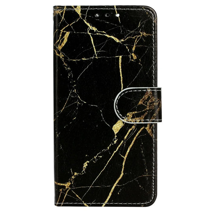 For iPhone Air Stand Case Marble Painted Folio Flip Leather Wallet Phone Cover - Black Gold Marble - 5