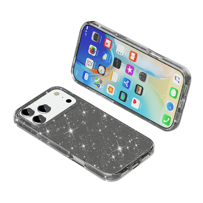 For iPhone 17 Pro Max Case Sparkly Powder Glitter Shiny Soft TPU + Hard PC Back Cover - Black - 4