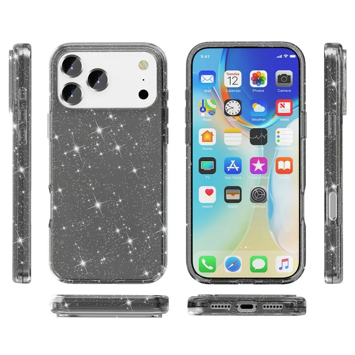 For iPhone 17 Pro Max Case Sparkly Powder Glitter Shiny Soft TPU + Hard PC Back Cover - Black - 7