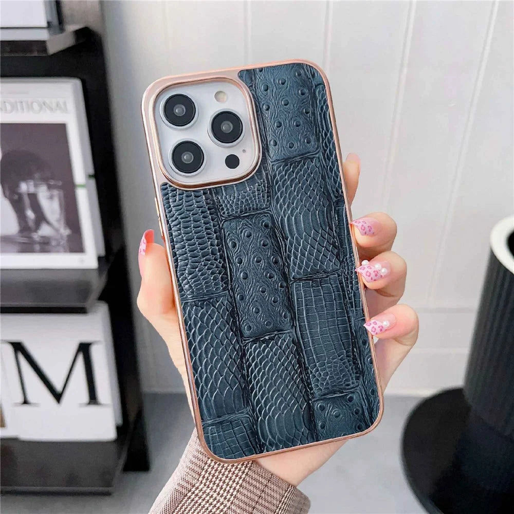 For iPhone 13 Pro 6.1 inch Slim Nano Electroplating Mahjong Texture Cell Phone Back Cover Genuine Cowhide Leather+PC+TPU Phone Shell - Blue - 2