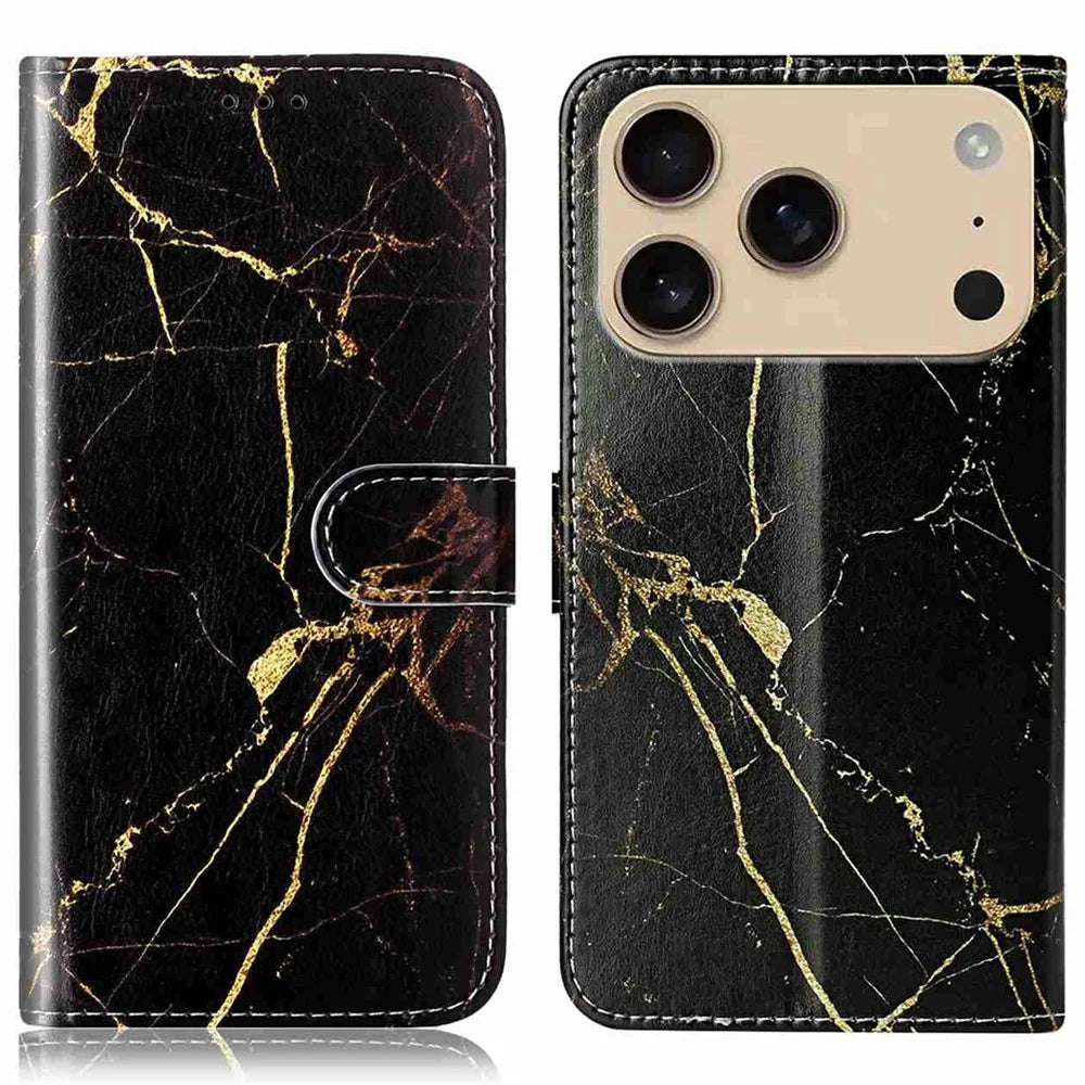For iPhone 18 Pro / 17 Pro Stand Case Marble Painted Folio Flip Leather Wallet Phone Cover - Black Gold Marble - 1