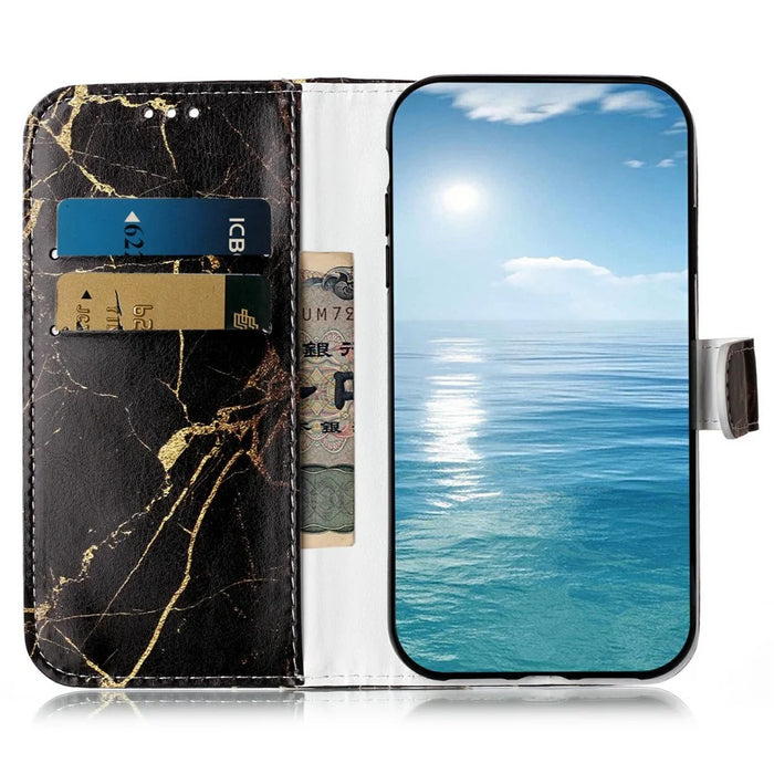 For iPhone 18 Pro / 17 Pro Stand Case Marble Painted Folio Flip Leather Wallet Phone Cover - Black Gold Marble - 2