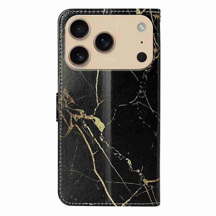 For iPhone 18 Pro / 17 Pro Stand Case Marble Painted Folio Flip Leather Wallet Phone Cover - Black Gold Marble - 6