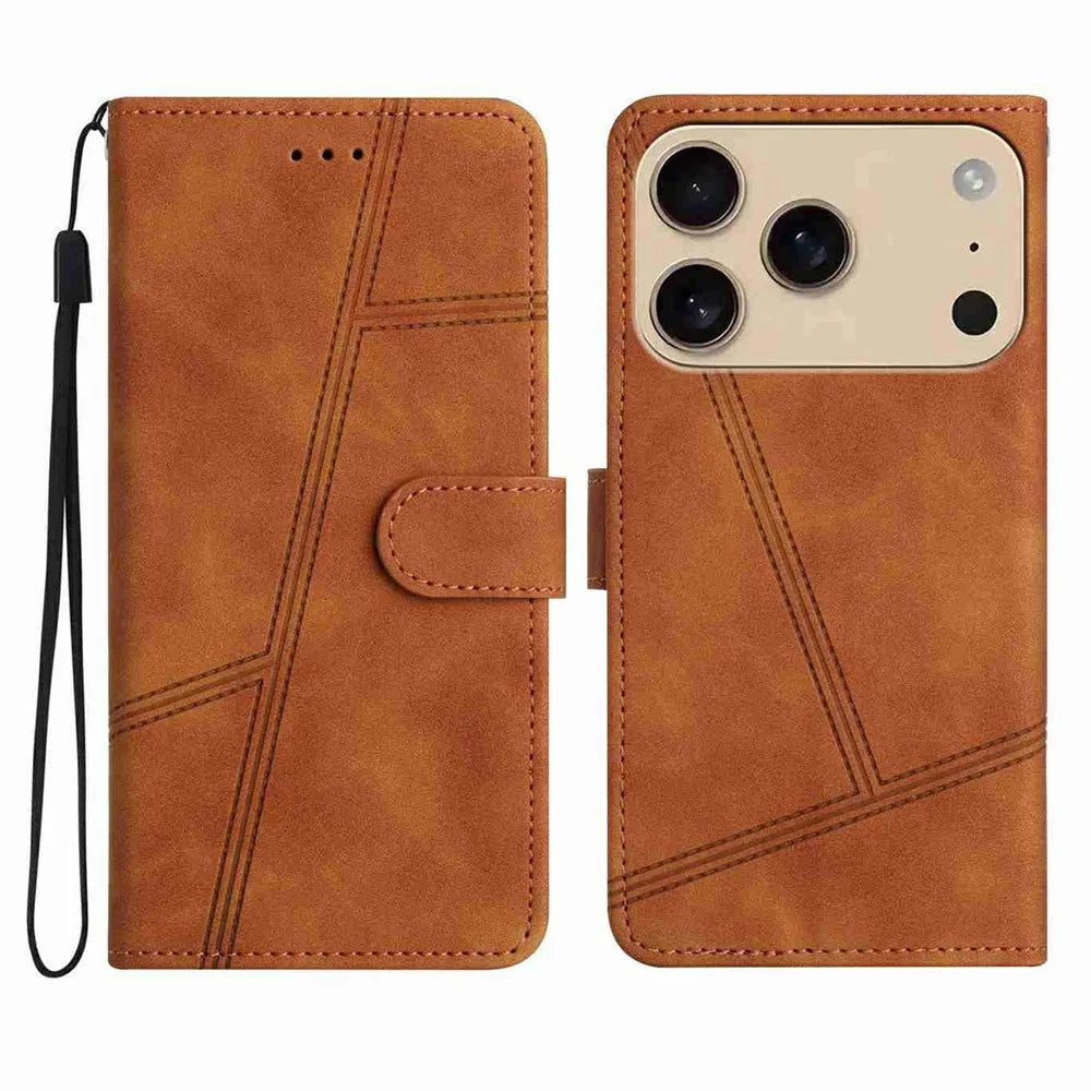 For iPhone 18 Pro / 17 Pro Case Flip Leather Retro Phone Cover Lines Imprinted - Brown - 1