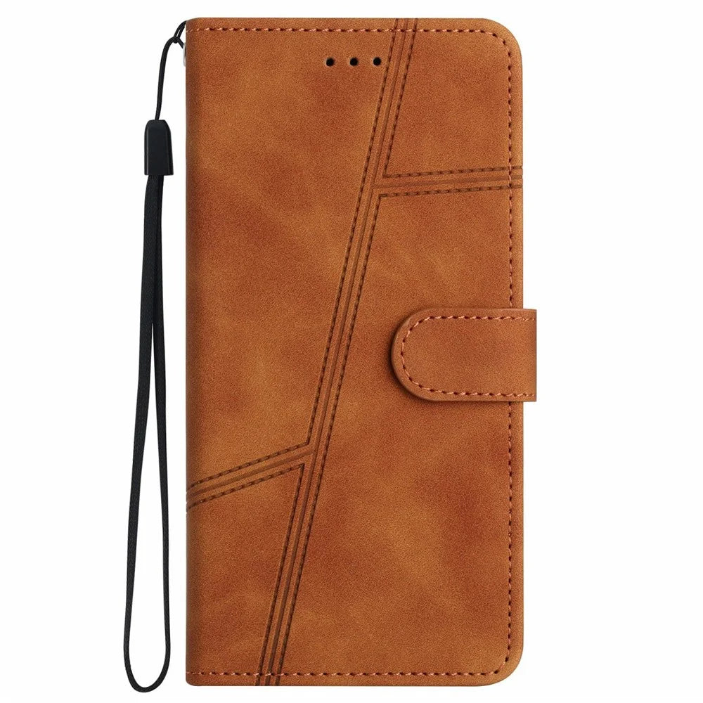 For iPhone 18 Pro / 17 Pro Case Flip Leather Retro Phone Cover Lines Imprinted - Brown - 7