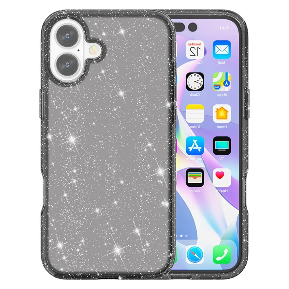 For iPhone 17 Case Sparkly Powder Glitter Shiny Soft TPU + Hard PC Back Cover - Black - 1
