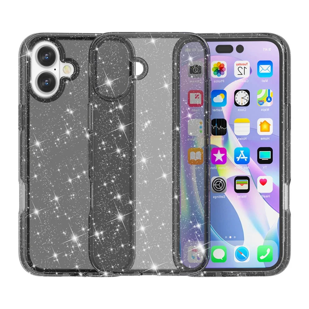 For iPhone 17 Case Sparkly Powder Glitter Shiny Soft TPU + Hard PC Back Cover - Black - 2