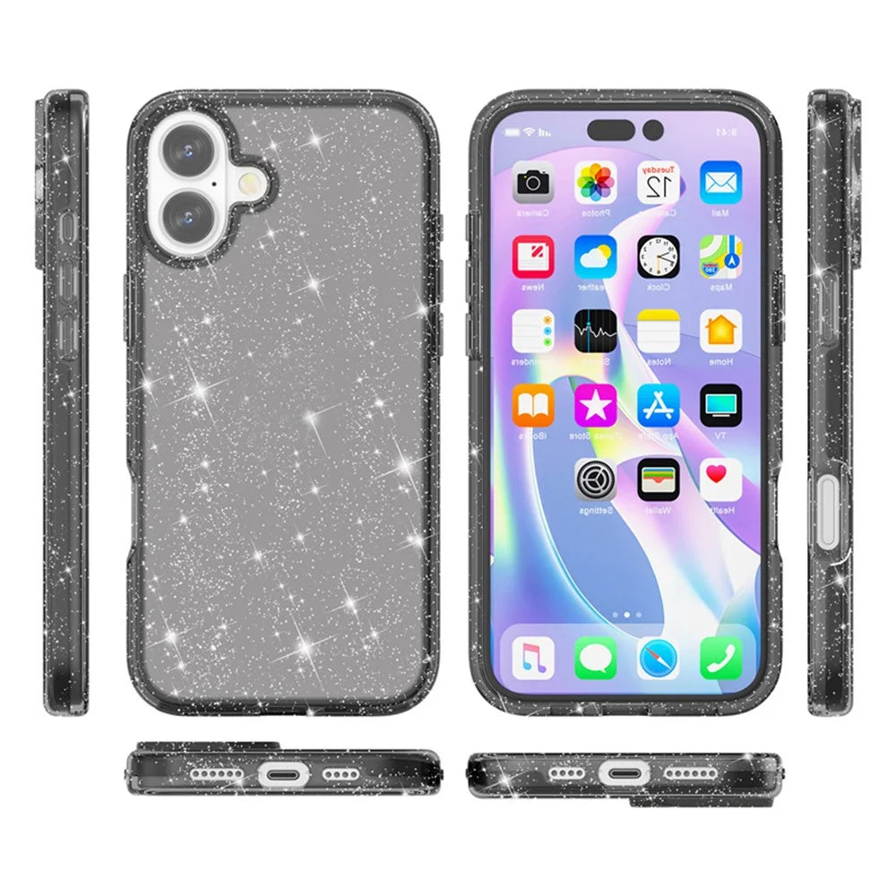 For iPhone 17 Case Sparkly Powder Glitter Shiny Soft TPU + Hard PC Back Cover - Black - 7