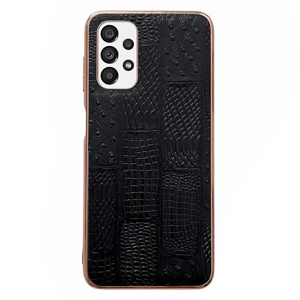 For Samsung Galaxy A33 5G Cell Phone Back Cover Nano Electroplating Mahjong Texture Genuine Cowhide Leather+PC+TPU Anti-scratch Phone Shell Case - Black - 1