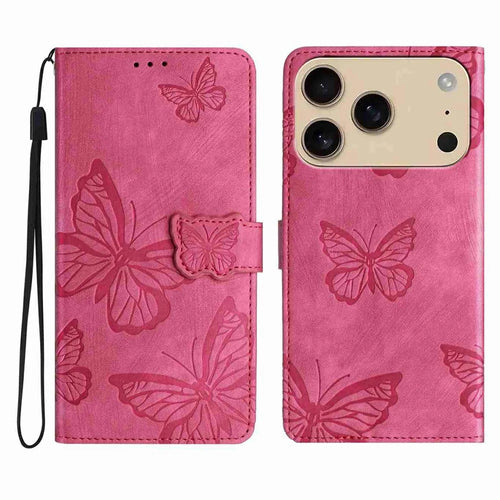 For iPhone 18 Pro Max / 17 Pro Max Case Butterfly Design Flip Wallet Leather Phone Cover Skin-Touch - Rose - 1