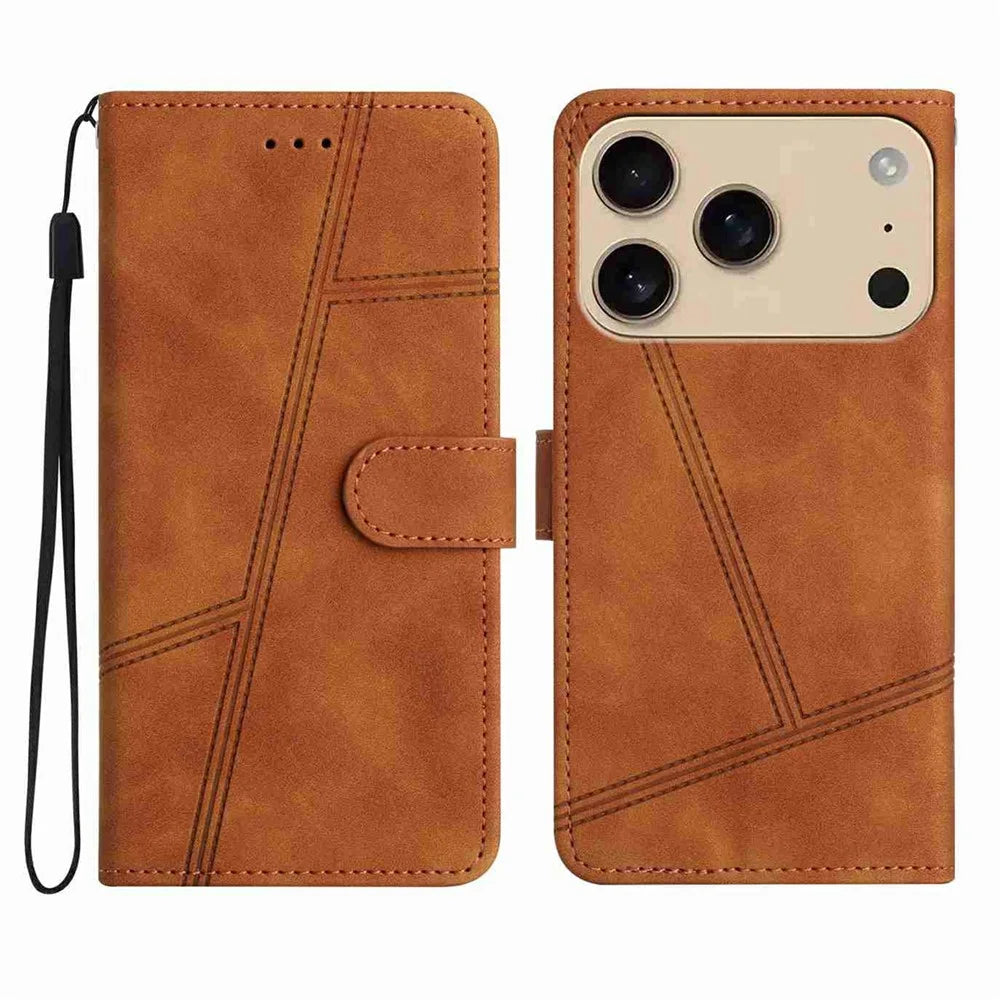 For iPhone 18 Pro Max / 17 Pro Max Case Flip Leather Retro Phone Cover Lines Imprinted - Brown - 1