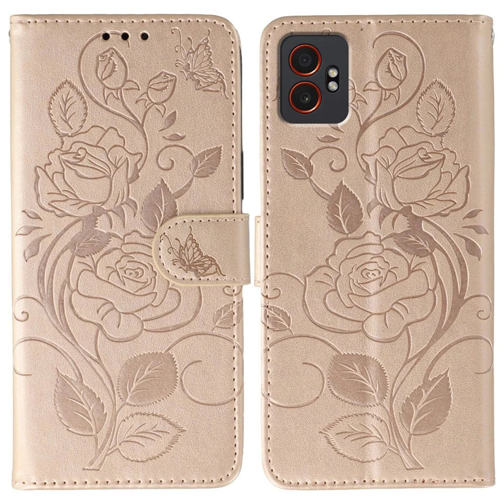 For Samsung Galaxy XCover7 Pro Case Wallet Stand Imprinted Rose Butterfly PU Leather Phone Cover - Rose Gold - 1