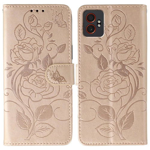 For Samsung Galaxy XCover7 Pro Case Wallet Stand Imprinted Rose Butterfly PU Leather Phone Cover - Rose Gold - 1