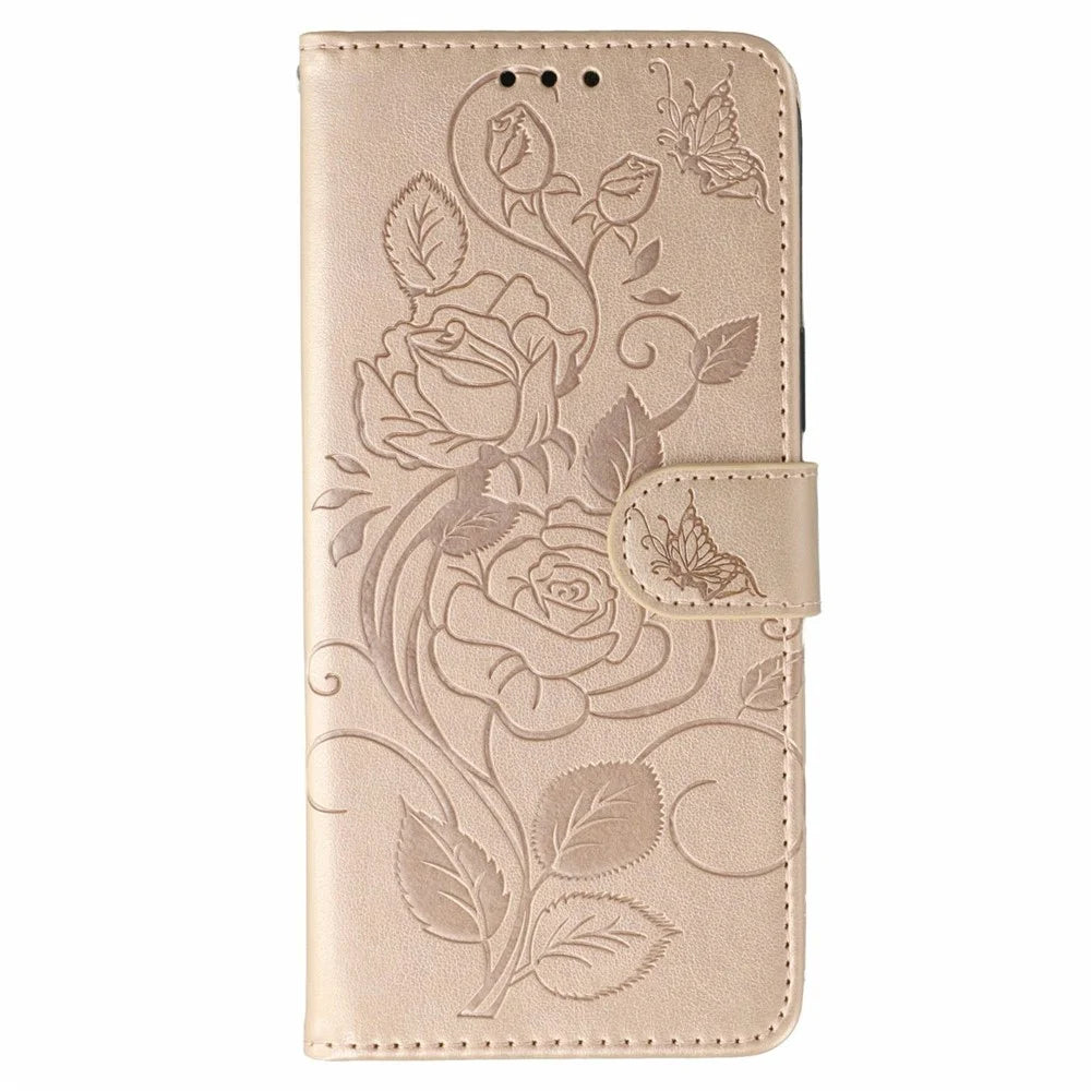 For Samsung Galaxy XCover7 Pro Case Wallet Stand Imprinted Rose Butterfly PU Leather Phone Cover - Rose Gold - 4