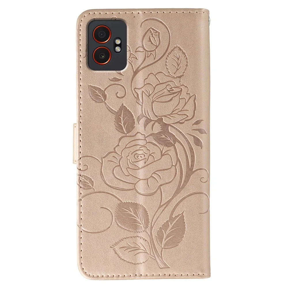 For Samsung Galaxy XCover7 Pro Case Wallet Stand Imprinted Rose Butterfly PU Leather Phone Cover - Rose Gold - 5