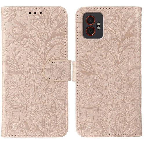 For Samsung Galaxy XCover7 Pro Case Lace Flowers PU Leather Flip Wallet Phone Cover with Wrist Strap - Rose Gold - 1