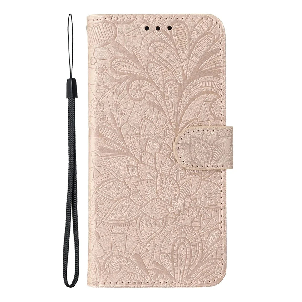 For Samsung Galaxy XCover7 Pro Case Lace Flowers PU Leather Flip Wallet Phone Cover with Wrist Strap - Rose Gold - 4