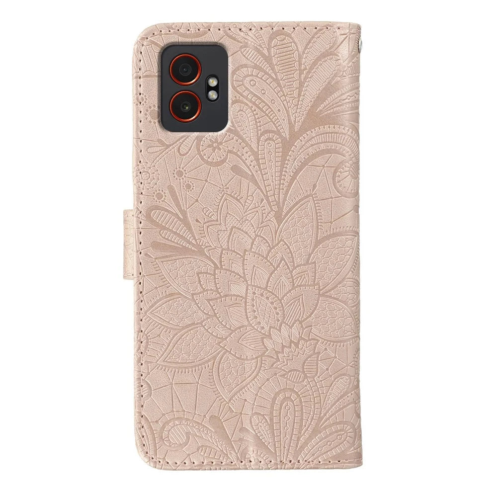 For Samsung Galaxy XCover7 Pro Case Lace Flowers PU Leather Flip Wallet Phone Cover with Wrist Strap - Rose Gold - 5